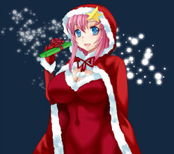  bad_id bad_pixiv_id blue_eyes blush breasts cleavage commentary_request covered_navel elbow_gloves female fur_trim gift gloves gundam gundam_seed gundam_seed_destiny hair_ornament hood large_breasts long_hair looking_at_viewer meer_campbell open_mouth pink_hair red_gloves smile solo star_(symbol) star_hair_ornament tooru_jin upper_body 