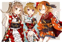  3girls :d ;) black_ribbon blue_eyes border bow brown_hair checkered_background checkered_sash clenched_hand commentary flower frilled_kimono frills hair_flower hair_ornament hair_ribbon hairbow hairpin haota_rinka highres japanese_clothes kanzashi kimono koizumi_hanayo kosaka_honoka lace lace-trimmed_kimono lace_trim long_hair looking_at_viewer love_live! love_live!_school_idol_festival love_live!_school_idol_project maid maid_headdress minami_kotori multiple_girls obi one_eye_closed one_side_up open_mouth orange_hair outside_border own_hands_together printemps_(love_live!) purple_eyes red_bow ribbon sash short_hair smile striped striped_bow striped_ribbon tassel wa_maid white_border white_bow wide_sleeves yellow_eyes 