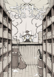  absurdres book broom cash_register clock female female hat highres katana kirisame_marisa md5_mismatch monochrome mushroom shelf shop solo sword tami touhou weapon witch witch_hat 