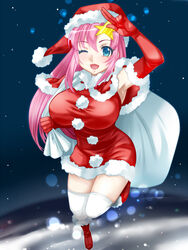  armpits bad_id bad_pixiv_id blue_eyes blush breasts capelet commentary_request elbow_gloves female full_body fur_trim gloves gundam gundam_seed gundam_seed_destiny hair_ornament hat large_breasts long_hair looking_at_viewer meer_campbell one_eye_closed open_mouth pink_hair red_gloves sack santa_hat smile solo star_(symbol) star_hair_ornament thighhighs tooru_jin 