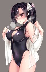  black_hair blush breasts brown_eyes cleavage cleavage_cutout clothing_cutout commentary_request female front_zipper_swimsuit gakkou_de_seishun! highres kamino_saori large_breasts looking_at_viewer meme_attire one-piece_swimsuit open_clothes open_mouth sanshoku_amido short_hair side_ponytail solo swimsuit unzipped zipper 