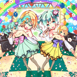  2girls absurdres balloon checkered_floor cheerful_candy_(module) colorful_drop_(module) colorful_x_melody_(vocaloid) commentary_request detached_sleeves dress hatsune_miku highres kagamine_rin long_hair microphone mona_(sakurapanda) multiple_girls oerba_yun_fang petals photoshop_(medium) project_diva_(series) project_diva_2nd rainbow speaker strapless strapless_dress thighhighs twintails very_long_hair vocaloid 