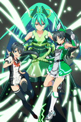  aqua_hair armor armpits bare_shoulders bike_shorts blue_eyes boots bow commentary_request faulds female frills gloves glowing greaves green_eyes green_hair hat hat_feather iyakun japanese_clothes long_hair multiple_persona national_shin_ooshima_school_uniform palette_suit ponytail purple_bow saegusa_wakaba school_uniform shorts shorts_under_skirt skirt smile thighhighs very_long_hair vividgreen vividred_operation 