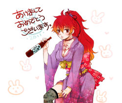  alcohol ao_no_exorcist bottle breasts bunny cleavage drinking hair_tie highres japanese_clothes kimono kirigakure_shura long_socks multicolor_hair multicolored_hair red_eyes red_hair tattoo thighhighs 