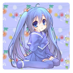  antenna_hair aqua_hair blue_eyes blue_hair blue_thighhighs chibi commentary_request female hand_on_own_chin highres imaichi_moenai_ko kobe_shinbun long_hair open_mouth sitting skirt sleeves_past_wrists solo tahya thighhighs twintails wariza zettai_ryouiki 