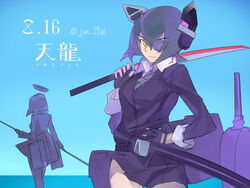  2girls character_name commentary_request eyepatch fingerless_gloves gloves halo hand_on_own_hip headgear kantai_collection katana mechanical_halo multiple_girls necktie over_shoulder pleated_skirt purple_hair scabbard semidou_jun sheath skirt sword sword_over_shoulder tatsuta_(kancolle) tenryuu_(kancolle) weapon weapon_over_shoulder yellow_eyes 