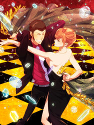  1boy arsene_lupin_iii back bad_id bad_pixiv_id bare_shoulders black_jacket brown_hair checkered_floor cloth dancing dress female formal gem halloween jacket jewelry lupin_iii mine_fujiko necklace necktie orange_hair purple_necktie shin&#039;ya_(midnight_rain) sideburns smile suit 