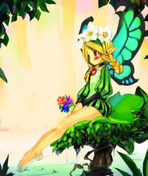  bad_id bad_pixiv_id blonde_hair blush braid commentary_request female flower head_wreath long_hair mercedes_(odin_sphere) odin_sphere pointy_ears red_eyes senzo_(soken) sitting solo twin_braids water wings 