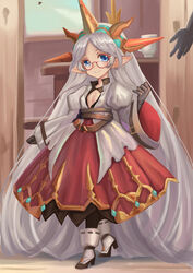  artist_request belt blue_eyes breasts dress female glasses gloves granblue_fantasy grey_hair hair_ornament hairband harbin high_heels long_hair long_sleeves out_of_frame parted_lips pence-nez pointy_ears red-framed_eyewear semi-rimless_glasses small_breasts smile solo_focus standing very_long_hair wide_sleeves zahlhamelina 