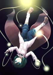  antennae aqua_eyes aruan bob_cut cape commentary_request dress_shirt expressionless female fireflies floating green_hair open_mouth pale_skin shirt socks solo touhou upside-down white_socks wriggle_nightbug 