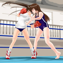  #13 2girls arena ayano_(#13) battle blush boots boxing boxing_gloves brown_hair bruise buruma domination embarrassed femdom fighting gloves gym_uniform humiliation injury kagura_(#13) moaning multiple_girls ponytail puching swimsuit wrestling wrestling_ring yuri 