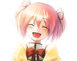  ^_^ bad_id bad_pixiv_id closed_eyes commentary_request female hair_ribbon hasuno kaname_madoka mahou_shoujo_madoka_magica mahou_shoujo_madoka_magica_(anime) mitakihara_school_uniform open_mouth pink_eyes pink_hair puffy_sleeves ribbon school_uniform short_twintails smile solo twintails upper_body 