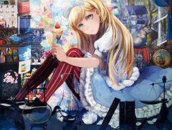  alice_(alice_in_wonderland) alice_in_wonderland blonde_hair blue_eyes cake doll_house expressionless female flower food fork frills fruit gothic_lolita graphite_(medium) highres holding holding_fork kerosene_lamp light_bulb lolita_fashion long_hair looking_at_viewer petticoat rose scales solo spiral_staircase stairs strawberry strawberry_shortcake tomoyami traditional_media 