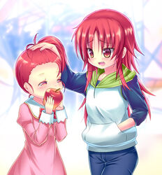  2girls aged_down apple bad_id bad_pixiv_id blush casual denim dress food fruit fumi_(saber_x23s) headpat holding holding_food holding_fruit hood hoodie jeans long_hair mahou_shoujo_madoka_magica mahou_shoujo_madoka_magica_(anime) multiple_girls pants red_eyes red_hair sakura_kyoko sakura_momo siblings side_ponytail sisters 