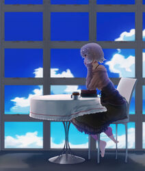  bare_shoulders barefoot blurry book breasts brown_eyes cloud commentary_request cup day depth_of_field dress female highres indoors medium_breasts original silver_hair sitting solo table tama_(speedgrapher) window 