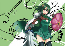  armor buckle cape commentary_request female gauntlets green_hair hair_ornament personification pokemon red_eyes shield skirt solo sora-bozu sword thighhighs venusaur weapon 