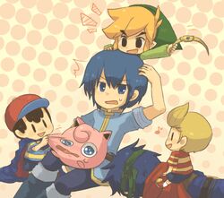  4boys black_hair blonde_hair blue_eyes blue_hair cape commentary_request fire_emblem fire_emblem:_mystery_of_the_emblem fire_emblem:_path_of_radiance hat headband ike_(fire_emblem) jigglypuff link lucas_(mother_3) male_focus marth_(fire_emblem) mother_(game) mother_2 mother_3 multiple_boys ness_(mother_2) pointy_ears pokemon pokemon_(creature) smile super_smash_bros. the_legend_of_zelda the_legend_of_zelda:_the_wind_waker tiara toon_link tsutsuji 