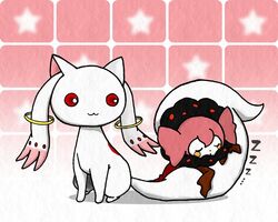  :3 bad_id bad_pixiv_id charlotte_(madoka_magica) chibi closed_eyes hazuki_15pika hugging_another&#039;s_tail hugging_tail kyuubee mahou_shoujo_madoka_magica mahou_shoujo_madoka_magica_(anime) no_humans pink_hair sleeping tail tail_pillow twintails 