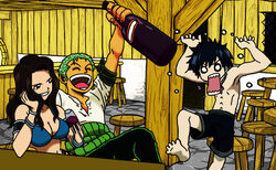  2boys alcohol animal barefoot black_hair bottle breasts brook cana_alberona chopper cleavage crossover destroy drinking elfman erza fairy fairy_tail fairytail feline female franky gray gray_fullbuster green_hair guild happy haramaki jewelry lots_of_jewelry lucy luffy mirajane multiple_boys nami natsu necklace nico one one_piece onepiece piece robin roronoa_zoro sanji scarlet shirt sitting smile tail titania tony topless white_shirt wine wine_glass wineglass zoro 