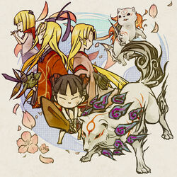  4boys amaterasu_(ookami) animal bad_id bad_pixiv_id blonde_hair cherry_blossoms chibiterasu flute instrument japanese_clothes kuninushi kuro_(ookami) male_focus mask multiple_boys okami ookamiden sacanahen scar sugawara_michizane sword tattoo ushiwakamaru_(ookami) weapon wolf 