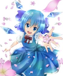  blue_eyes blue_hair bow cherry_blossoms circle_skirt cirno commentary_request dress female hairbow highres looking_at_viewer open_hand open_mouth outstretched_arm ribbon rikkunia short_hair simple_background solo touhou white_background wings 