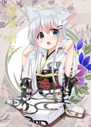  animal_ears bad_id bad_pixiv_id blue_eyes cacao_(chocolat) cat_ears chestnut_mouth chocola_(cacao) commentary_request female full_body hair_between_eyes hair_ornament hairclip hands_up head_tilt highres japanese_clothes kimono long_hair long_sleeves looking_at_viewer obi oerba_yun_fang open_mouth original partial_commentary print_kimono sash sidelocks solo very_long_hair white_hair white_kimono wide_sleeves 