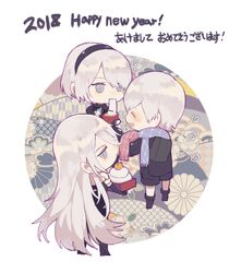  1boy 2b_(nier:automata) 2girls 9s_(nier:automata) a2_(nier:automata) bad_id bad_pixiv_id black_hairband blush chibi food hairband highres japanese_clothes kanoko_(pattern) kikumon kimono long_hair mochi mochi_trail multiple_girls nahonanaho new_year nier:automata nier_(series) sakuramon seigaiha short_hair smile white_background white_hair yagasuri zouni_soup 