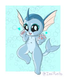  anthro black_sclera blue_body bubble daww eeveelution female fin generation_1_pokemon heart_symbol hi_res horn izzipurrito looking_at_viewer navel nintendo pawpads paws pokemon pokemon_(species) pupils raised_leg simple_background solo tagme tail vaporeon white_pupils young young_anthro 