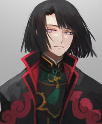  1boy black_coat black_hair black_shirt closed_mouth coat commentary english_commentary facing_viewer fate/grand_order fate_(series) grey_background high_collar highres looking_to_the_side male_focus medium_hair moedredd purple_eyes shirt solo swept_bangs tai_gong_wang_(fate) tassel upper_body 