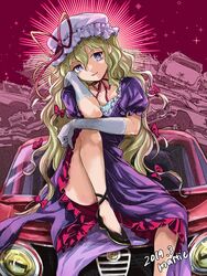  artist_name black_footwear bow car chin_strap collarbone commentary_request dated dress elbow_gloves female gloves hairbow hat hat_ribbon headlight highres junkyard looking_at_viewer mattie mob_cap motor_vehicle on_vehicle panties petticoat pointy_footwear puffy_short_sleeves puffy_sleeves purple_dress purple_eyes red_bow red_ribbon ribbon shoes short_sleeves solo touhou underwear white_gloves yakumo_yukari 