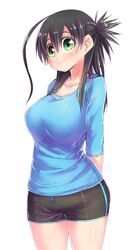  ahoge alternate_hairstyle arms_behind_back black_hair black_shorts blue_shirt breasts dated dolphin_shorts female green_eyes highres huge_ahoge long_hair long_shirt medium_breasts musuko_ga_kawaikute_shikatanai_mazoku_no_hahaoya nishimura_chiharu shirt short_ponytail shorts sidelocks signature simple_background sleeves_rolled_up smile solo spoilers thighs white_background zyugoya 