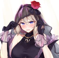  azur_lane bare_shoulders black_dress black_gloves black_hairband blue_eyes blush bow breasts bridal_veil commentary_request cross dress female flower frilled_dress frills gloves hair_between_eyes hair_ribbon hairband hands_up holding iron_cross jewelry light_brown_hair looking_at_viewer marshall_k medium_breasts necklace official_alternate_costume open_mouth ribbon rose short_hair sidelocks simple_background sleeveless solo taut_clothes taut_dress turtleneck turtleneck_dress upper_body veil wedding_dress white_background z23_(azur_lane) z23_(schwarze_hochzeit)_(azur_lane) 