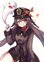  :d =_= absurdres animal black_hat black_nails black_shorts blush boo_tao_(genshin_impact) brown_hair brown_jacket bug butterfly closed_eyes commentary female flower genshin_impact ghost grey_background grin hair_between_eyes hand_up hat hat_flower highres hu_tao_(genshin_impact) jacket jewelry long_hair looking_at_viewer nail_polish oerba_yun_fang open_mouth red_eyes red_flower red_shirt ring setu_(shining12) shirt short_shorts shorts smile solo very_long_hair 