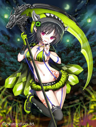  aaliyah_(teikoku_senki) bad_id bad_pixiv_id bangle bikini bikini_top_only black_hair black_thighhighs bracelet breasts cape cleavage female garter_straps gloves gradient green_bikini green_footwear green_gloves green_skirt holding holding_scythe jewelry leg_tattoo leg_up looking_at_viewer medium_breasts microskirt navel official_art open_mouth pointy_ears red_eyes scythe shoes short_hair single_glove skirt smile solo standing standing_on_one_leg stomach stomach_tattoo string_bikini suspenders swimsuit tattoo teikoku_senki thighhighs thighs yuuki_rika zettai_ryouiki 