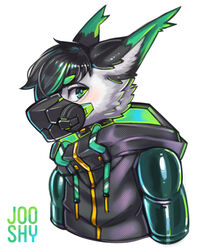  2020 anthro armwear black_body black_clothing black_collar black_fur black_hair black_hoodie black_latex black_topwear clothing collar dipstick_ears ear_markings eyebrows face_mask fur green_body green_eyebrows green_eyes green_fur hair hi_res hoodie jooshy latex latex_armwear latex_clothing looking_at_viewer male mammal mask mojito_(jooshy) multicolored_body multicolored_ears multicolored_fur simple_background solo topwear unknown_species white_background white_body white_fur 