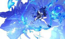  absurdres arknights blue_eyes blue_footwear blue_hair blue_theme chinese_commentary commentary_request dragon female fire highres holding holding_polearm holding_weapon long_hair mostima_(arknights) originium_arts_(arknights) polearm shirt shorts smile solo spear weapon white_shirt yumuto_(spring1786) 