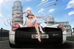  absurdres aircraft airplane alternate_costume alternate_hair_length alternate_hairstyle aquila_(azur_lane) architecture areola_slip arm_support armpit_crease ass asymmetrical_legwear azur_lane bare_shoulders barefoot black_shirt blue_sky blush breasts building camouflage canards car carbon_fiber cathedral_of_pisa character_name checkered_clothes checkered_hair_ornament checkered_legwear city cleavage cloud commentary copyright_name country_connection crop_top crossed_legs curvy day detached_sleeves eurofighter_typhoon european_architecture eyelashes feet female fighter_jet full_body gloves grass greco-roman_architecture green_eyes hair_between_eyes hair_tubes hand_up handrail high_heels highres holding holding_key italian_flag italy jet kcar66t key large_breasts leaning_tower_of_pisa license_plate linea_alba long_hair looking_at_viewer low_twintails midriff military military_vehicle motor_vehicle navel no_bra no_shoes outdoors pagani pagani_huayra panties parted_lips piazza_dei_miracoli pisa product_placement race_queen real_world_location revealing_clothes road shadow shirt shoe_dangle shoes sidelocks single_bare_leg single_detached_sleeve single_shoe single_thighhigh sitting sitting_on_car sky sleeveless sleeveless_shirt smile solo sports_car stomach taut_clothes taut_shirt thick_thighs thighhighs thighs turtleneck twintails underboob underwear very_long_hair white_gloves white_hair white_panties white_sleeves white_thighhighs wind wind_lift 