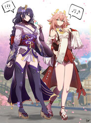  2girls :t ? absurdres animal_ears artist_logo bare_legs blurry blurry_background braid breasts bridal_gauntlets brown_footwear cherry_blossoms cleavage closed_mouth coattails commentary crossed_bangs dango day detached_sleeves earrings eating english_commentary flower food fox_ears full_body genshin_impact geta grin hair_between_eyes hair_flower hair_ornament headpiece highres holding holding_food japanese_clothes jewelry kimono legs long_hair looking_at_viewer looking_to_the_side low-braided_long_hair low-tied_long_hair medium_breasts mitsudomoe_(shape) multiple_girls musical_note nail_polish necklace obi obiage obijime off_shoulder okobo outdoors outline parted_lips petals pink_hair pink_nails purple_eyes purple_hair purple_kimono purple_thighhighs raiden_shogun samacho sandals sanshoku_dango sash short_kimono sideboob smile spoken_musical_note spoken_question_mark standing tassel thighhighs thighs toenail_polish toenails toes tomoe_(symbol) turtleneck vision_(genshin_impact) wagashi white_outline wide_sleeves yae_miko 