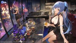  2023 2girls absurdres alcohol animal_ears arm_support azur_lane bare_arms bare_shoulders black_dress blue_hair blush bracelet breasts brown_eyes cat_ears cat_tail cleavage commentary copyright_name couch cup dress essex_(azur_lane) essex_(craft_fairytail)_(azur_lane) fireworks flower food gloves gold_trim halterneck happy_new_year hatsushimo_(azur_lane) hatsushimo_(perennial_joy)_(azur_lane) highres holding indoors jewelry kexue logo long_hair looking_at_viewer looking_away medium_breasts multiple_girls necklace night night_sky official_alternate_costume official_art open_mouth pantyhose pillow pink_hair ponytail red_eyes second-party_source short_dress sky sleeveless sleeveless_dress smile strapless strapless_dress table tail window 