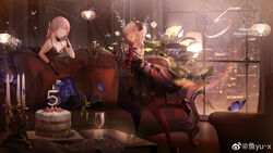  2girls absurdres anniversary bare_shoulders blonde_hair bouquet bug butterfly cake candelabra candlestand champagne_bottle commentary_request couch flower food fruit girls&#039;_frontline hair_flower hair_ornament headgear high_heels highres looking_at_viewer looking_back m4_sopmod_ii_(devourer_of_the_feast)_(girls&#039;_frontline) m4_sopmod_ii_(girls&#039;_frontline) mechanical_arms multiple_girls official_alternate_costume pink_eyes pink_hair ponytail single_mechanical_arm smile st_ar-15_(girls&#039;_frontline) st_ar-15_(prisoner_of_the_dream)_(girls&#039;_frontline) strawberry umbrella yu-x 