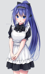  apron bad_id bad_pixiv_id black_bow black_dress black_hairband blue_eyes blue_hair bow collared_dress commentary_request cowboy_shot dress female frilled_apron frills grey_background hairband hairbow high_ponytail interlocked_fingers long_hair maid maid_apron mifuyu_(princess_connect!) own_hands_together pleated_dress ponytail princess_connect! puffy_short_sleeves puffy_sleeves short_sleeves sidelocks simple_background solo standing twitter_username very_long_hair white_apron yumoran 