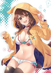  :d adapted_costume animal_ears belt_collar bikini black_thighhighs blush bow braid breasts brown_eyes brown_hair chocho_(homelessfox) cleavage collar collarbone commentary dog_ears dog_girl fangs female hololive hood inugami_korone inugami_korone_(1st_costume) large_breasts long_hair long_sleeves looking_at_viewer navel open_clothes open_mouth smile solo stomach swimsuit tail thighhighs thighs twin_braids virtual_youtuber 