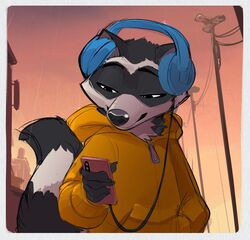  2019 5_fingers anthro avoid_posting black_body black_fur chillhop chillhop_raccoon clothed clothing detailed_background electronics elranno fingers fur grey_body grey_fur half-closed_eyes half-length_portrait headphones holding_object holding_phone hoodie humanoid_hands male mammal multicolored_body multicolored_fur narrowed_eyes outside phone portrait procyonid raccoon sky solo topwear two_tone_body two_tone_fur two_tone_tail 