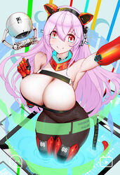  arm_up armpits bodysuit breasts chinese_commentary cleavage closed_mouth commentary_request covered_navel crossed_bangs detached_collar female genera-x hair_between_eyes headphones highres huge_breasts long_hair looking_at_viewer mecha_musume mechanical_arms mechanical_ears mechanical_legs mechanical_tail nitroplus photoshop_(medium) pink_hair red_eyes single_mechanical_arm smile solo strapless super_sonico tail thighs 