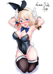  :d alternate_costume animal_ear_headwear animal_ears arms_up azur_lane bare_shoulders black_hairband black_leotard black_thighhighs blonde_hair blue_bow blue_eyes blush bow bowtie breasts chinese_zodiac cleavage commentary_request covered_navel detached_collar embarrassed fake_animal_ears female frilled_leotard frilled_thighhighs frills full_body gloves groin hair_between_eyes hairband hairbow hip_focus kamitsuki_shion kneeling leotard medium_breasts medium_hair nervous_smile playboy_bunny rabbit_ears rabbit_pose rabbit_tail skin_tight smile solo tail thighhighs thighs white_gloves year_of_the_rabbit z23_(azur_lane) 