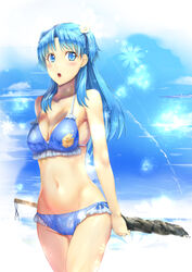  alternate_costume bad_id bad_pixiv_id bikini blue_bikini blue_eyes blue_hair blush breasts chtholly_nota_seniorious cleavage collarbone cowboy_shot female floating_hair flower frilled_bikini frills groin hair_flower hair_intakes hair_ornament highres holding long_hair looking_to_the_side medium_breasts navel open_mouth print_bikini shuumatsu_nani_shitemasu_ka? side-tie_bikini_bottom solo soramiruku spaghetti_strap standing swimsuit twintails white_flower 