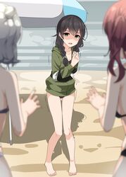  3girls bare_legs barefoot beach beach_umbrella bikini black_bikini black_hair blurry blurry_foreground braid cevio collarbone commentary day depth_of_field empty_eyes feet flipped_hair green_eyes green_hoodie grey_hair hair_bun hanakuma_chifuyu highres hood hood_down hoodie koharu_rikka legs long_hair long_sleeves looking_at_another looking_at_viewer low_twin_braids medium_hair multiple_girls natsuki_karin no_eyewear open_mouth out_of_frame outdoors own_hands_together partially_unzipped red_hair sacabambaspis sand scared shaded_face shadow short_hair solo_focus standing swimsuit swimsuit_under_clothes synthesizer_v toenails toes trembling twin_braids twintails umbrella yanagita_kousuke 