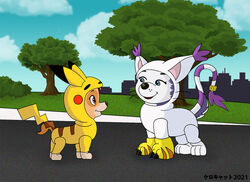  bandai_namco canid canine canis clothing cosplay costume digimon digimon_(species) domestic_dog duo everest_(paw_patrol) female female/female feral gatomon generation_1_pokemon husky kerocat mammal nintendo nordic_sled_dog paw_patrol pikachu pokemon pokemon_(species) skye_(paw_patrol) spitz 