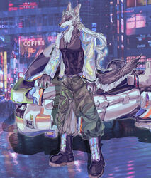  4_fingers anthro anti-gravity boots caicaizijujumao canid canine canis claws clothing domestic_dog fingers footwear fur hair hi_res hoverbike hovercraft long_hair male mammal multicolored_body multicolored_fur musashi_(tiger_shark) ocean_creation photo_background photography_(artwork) solo tiger_shark_(comics) tooth_necklace two_tone_body two_tone_fur vehicle watercraft white_hair 