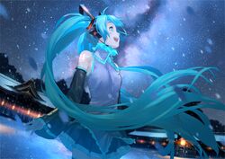  aqua_eyes aqua_hair aqua_necktie architecture bare_shoulders black_skirt black_sleeves black_thighhighs blue_theme blush commentary_request cowboy_shot detached_sleeves dutch_angle east_asian_architecture female fur-trimmed_collar fur_trim galaxy glowing_tattoo grey_shirt hair_ornament hatsune_miku headphones headset highres lantern long_hair looking_up milky_way mountainous_horizon necktie night night_sky open_mouth outdoors shirt shoulder_tattoo skirt sky sleeveless sleeveless_shirt smile snowing solo star_(sky) starry_sky tada_yui tattoo temple thighhighs twintails very_long_hair vocaloid zettai_ryouiki 